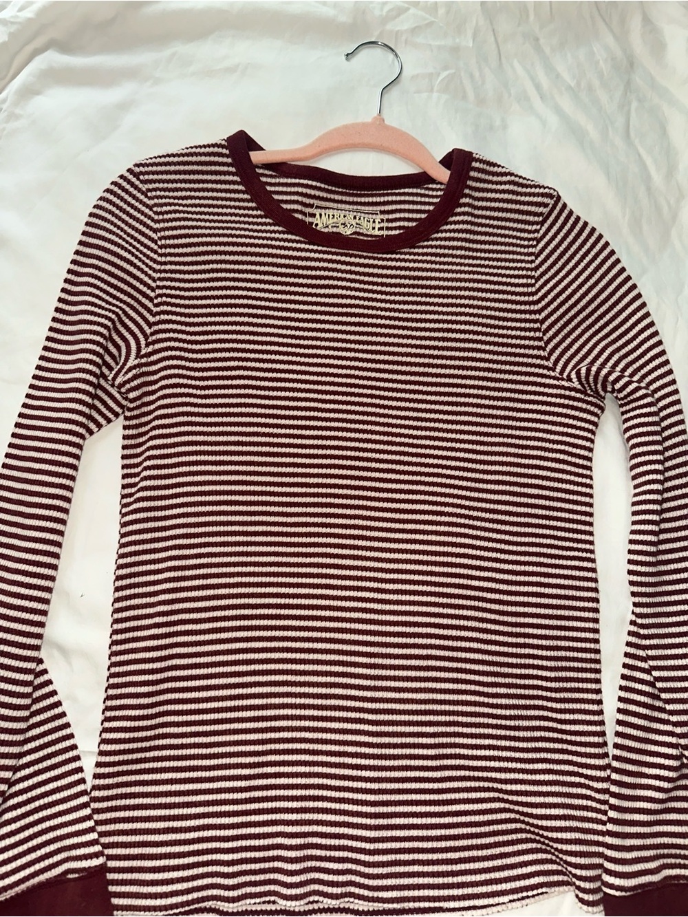 American Eagle Outfitters Burgundy & White Striped Crewneck Top